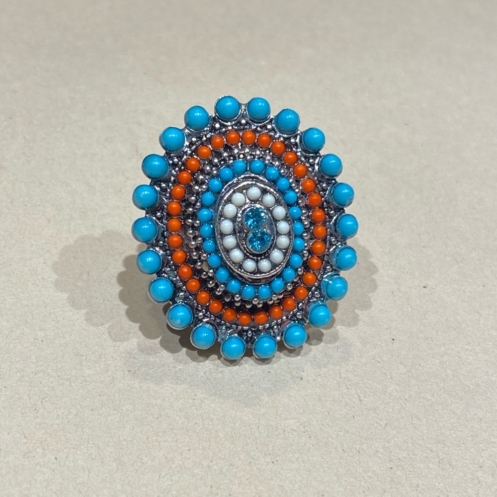 Blue and Orange Bead Embroidery Elastic Band Ring